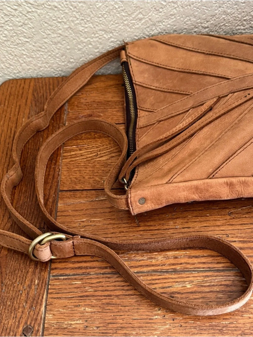 Handmade Genuine Leather Camel Chevron Crossbody Bag Purse Boho Western Festival - Picture 9 of 12